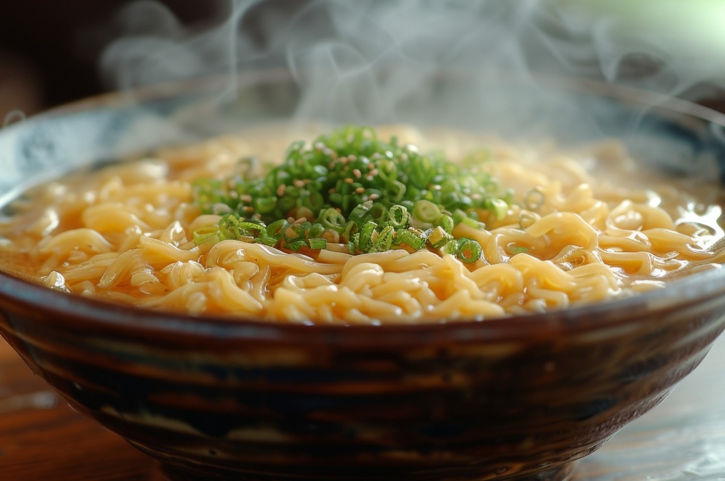 Die Textur der zähen, handgezogenen Nudeln schwimmt in einer dampfend heißen Schüssel mit duftender und geschmackvoller Brühe